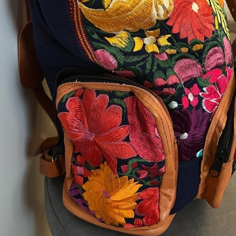 Suede Backpack | Embroidered Flowers | Mexican | Multicolored - Picture 3 of 6